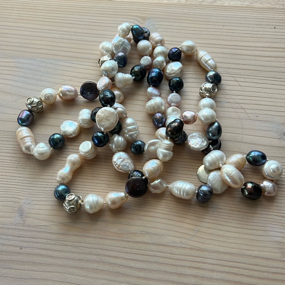 AUTHENTIC river petals long necklace mixed pearls and silver balls.